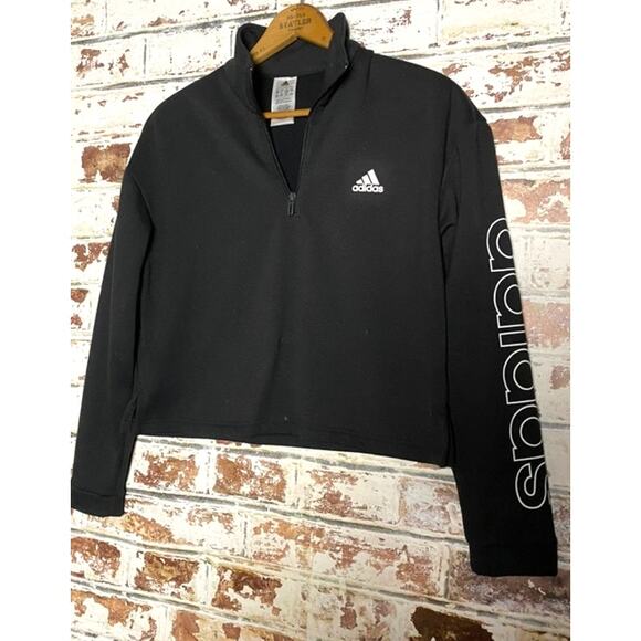 Adidas Essential Sleeve Logo Print Fleece Cropped 1/4-Zip Pullover Sweatshirt - Picture 3 of 8